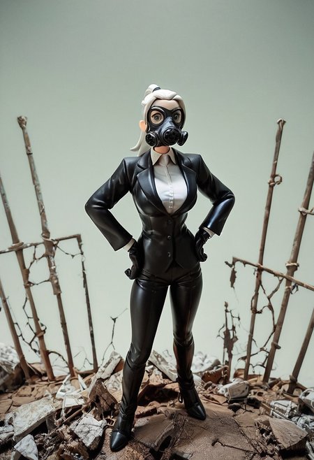 score_9, score_8_up, score_7_up, score_6_up,  figure,
Girl wearing Gas mask, holding equipment, white ponytail, white shirt, black suit, black pants, gloves, heavy green fog, smoke, railing, rubble, ruins, lit from front, hands on hips,
Looking at viewer, from above,