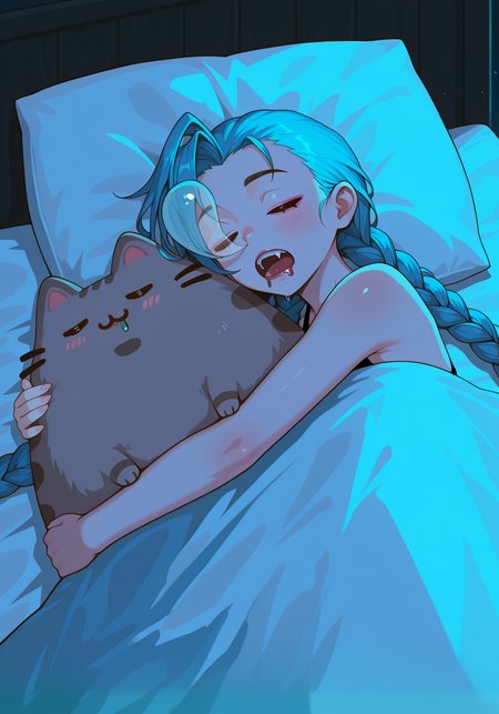 embedding:IllusP0s, wfus3, nose bubble, sleeping, drooling, 1girl, jinx_\(league of legends\), hugging pusheen, hugging cat, night, bed, sheets,<lora:PusheenIXL.safetensors:0.9:0.9> <lora:nose_bubble_ill.safetensors:1:1>