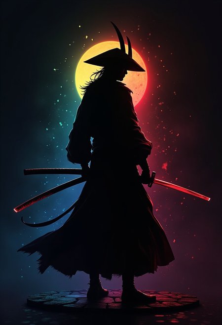 anime-style silhouetted outline against a dark background, a ronin samurai warrior, rainbow-coloured, holding samurai sword