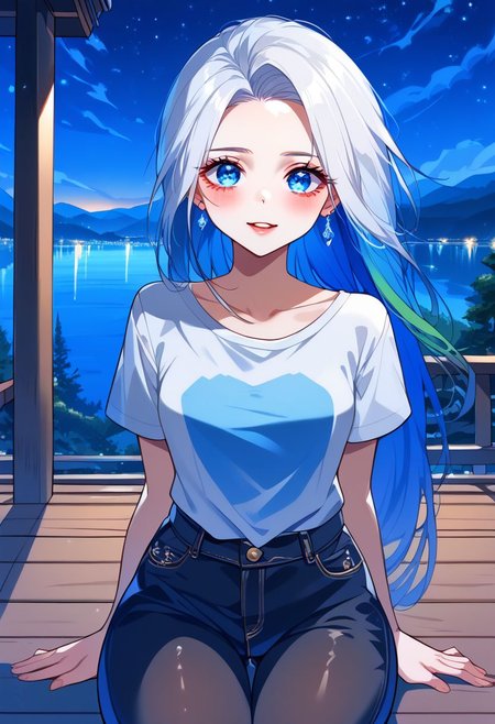 score_9, score_8_up, score_7_up, 8k uhd, masterpiece, best quality, high quality, absurdres, ultra-detailed, (highly detailed), OverallDetail, Expressiveh, 
,
((( Uncensored, thin, petite, small, fragile, little, petite,  short, best view)))
,
(((1 girl, solo)))
,
(((RoxanaF, blue eyes, multicoloured hair, t-shirt, pants)))
,
((( TeraceWA, lake, sky, mountains, night, indoor )))
,
((( Girl Posing while sitting on terrace, focus on girl face, close view)))
