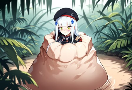 NSFW, looking down, masterpiece, best quality, amazing quality, very aesthetic, score_9,score_8_up, score_7_up, score_6_up, BREAK, official art, solo, outdoors, upper body, (portrait:1.5), looking at viewer, facing viewer, blush, hk416 (girls' frontline), hat,beret, black headwear, very long hair, white hair, x hair ornament, sidelocks, blunt bangs, green eyes, facial mark, teardrop, military jacket, purple jacket, clothes writing, uniform, white gloves, long sleeves, black sleeve, german flag, large breasts, skindentation, <lora:HK416(gf)-Pony:1.3>, (score_9, score_8_up, score_7_up, score_6_up, score_5_up, score_4_up), source_anime,<lora:vore_lower_body-2:1>, slime creature, restrained, vore, Like like, monster, <lora:Like like illus:1>, arms out, arms down, Creature massaging her, (jungle:1.2), (blushing), looking down, palmtree blurry background depth of field, (from above:1.3),
