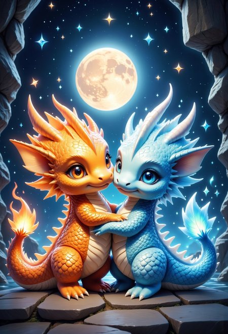 2 chibi dragons hugging each other, joy, one dragon has orange flaming scales, the other dragon is surrounded by ice smoke with white frozen scales, cuteness overload, they are in a cave, night, starry sky, the moonlight casts light and shadows on the cute ones faces of the two dragons, cuteness overload, floating heart, closed eyes