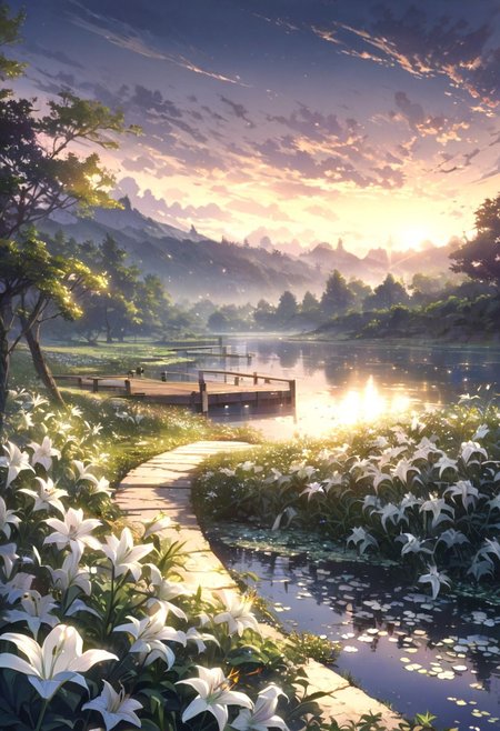 detailed background,( Calm spring night landscape), amongst lush greenery, beautiful view, lily flower in full bloom, lily flower, early morning, sunrise sky, beautiful clouds, dappled sunlight, beautiful, Tranquil Lake, Walkway, petals dancing in the wind, depth of field, masterpiece, best quality, ultra-detailed, very aesthetic, illustration, perfect composition, intricate details, absurdres, moody lighting, wisps of light, no humans,