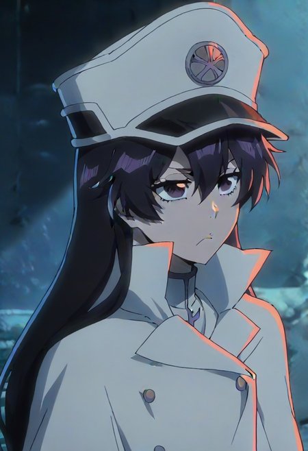 source_anime, anime screencap, anime coloring, nsfw, uncensored, <lora:Bambietta_Basterbine:1>Long hair, black hair, hair between eyes, dark purple eyes,, hat, peaked cap, white headwear, white gloves,