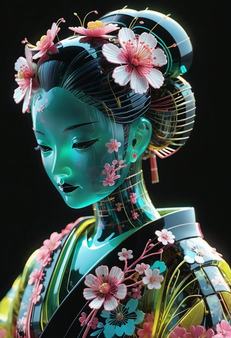<lora:World_of_Glass_Filament:0.6> made of, tiny neon (glass:1.1) filaments, w0gf1l, Android, geisha, with robotic parts, in flowery kimono, Intricate details, 8 k, cinematic <lora:sss:0.8> subsurface scattering, sss <lora:envyStarlight_v10:0.8>