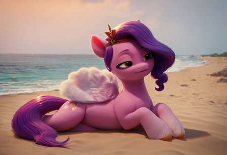 score_9, score_8_up, score_7_up,  my little pony, solo, pony, 1girl, pipp petals, lidded eyes, wings, wide hips, lying down, beach, ear tufts, long eyelashes, outdoors, best quality, high detailed, sharp lines, shaded