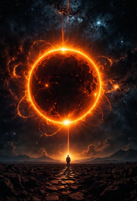 The Moon, centered, casts a dark umbra on Earth, depicting the path of totality. The Sun, in radiant oranges and yellows, forms a stunning corona effect around the Moon, all aligned casting a fading black hole sun halo in the space, orbit space vfx, exosphere, cosmic, astral, quantic, cold and warm,energy-filled epic science fiction film concept digital art by maciej kuciara and vincent di fate,1998 NASA photo, hasselblad electric camera 70mm film, skylab flashlight photography, in the style of Interstellar by Christopher Nolan
OverallDetailXL <lora:SDXLFaeTastic2400:0.4> <lora:DetailMaximizer:0.55> detailmaximizer  <lora:Flux-style-xl-lora:0.7> flux-style