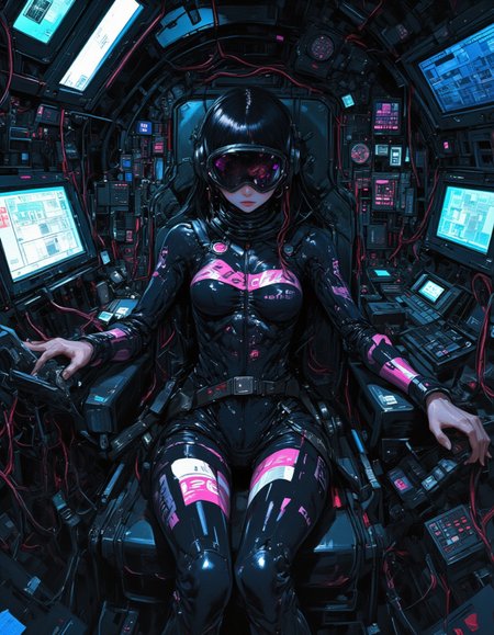 DB4RZ style painting, cyberpunk anime art style. Cool but sexy atmosphere. A girl sits in the Narrow and dark cockpit seat. The girl is wearing a fitted high-tech body suit and a Goggle-type visor covers her face. The bodysuit is painted with sponsor advertisements. Her hands are on the control stick. She is restrained by a seatbelt. Many cables extend from the she's body and connect to the Surrounding Machinery. Monitors and gauges attached to the surrounding machinery issue warnings. Her face glows dimly in the light of lit cables and machines. dinamic position. <lora:FLUX-daubrez-DB4RZ-v2:0.4> <lora:futuristicportraits:0.3> futuristicportrait <lora:artisketchyfs-v02:0.2>, Fractal, Avant-garde, Surrealism. 
by tsutomu nihei, by katsuya terada, by brom,