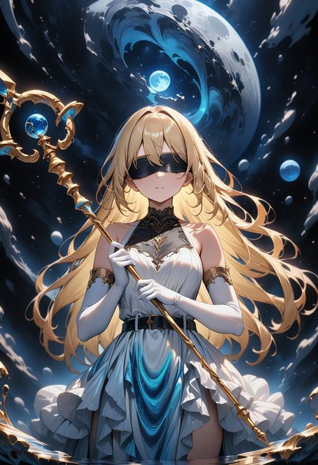 ((masterpiece), (best quality), (ultra-detailed), 
, 1woman, light,  upper body, long hair, blonde hair,
elbow gloves,
(staff, holding staff), 
dress made of Liquid Marble, holds a staff, black blindfold, blind, holding scales of themis,
upper body, moon, standing on the edge of a destroyed bridge,  white dress, belt,
From below, space, stars, night, sky, Liquid Marble,   
 )