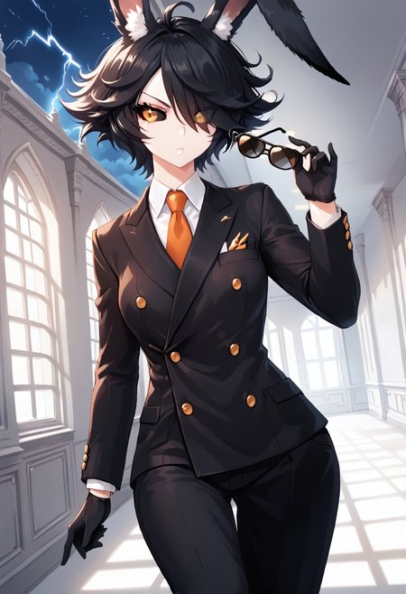 score_9, score_8_up, score_7_up,jovie,
BREAK,rabbit girl,monster girl,dark sclera,(flat breasts),mature woman,serious expression,short black hair,hair over eye,messy hair,(black fluffy rabbit ears:1.3),(pale skin),orange eyes,adjusting gloves,holding rectangular sunglasses,(double-breasted suits),elegant clothes,pocket watch,front angle,mansion scenery,indoors,hallway,(imposing vibes),night time,dynamic lightning,walking