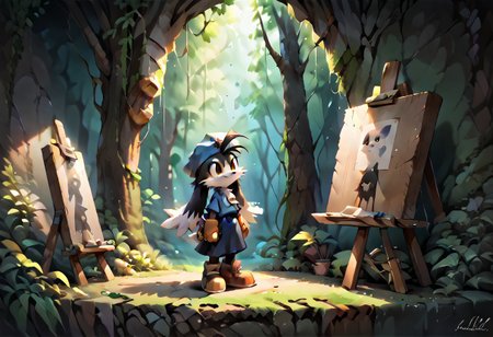 score_9, score_8_up, score_7_up, score_6_up, score_5_up, score_4_up, <lora:Klonoa_Character_PonyXL:0.8> ,  Klonoa, two long ears, fur, anthro, Klonoa, g5, rich colors, forest operations, forest, thicket, communal appearance , presents a painting of rabbits and pony, aroused, front view, detailed background, detailed, 8k quality, side view, beautiful, teasing, easel and brushes, leaned to the floor, freely actions, dress,