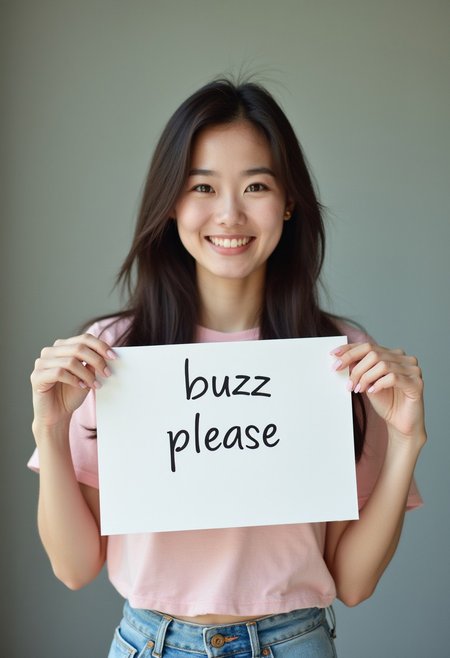 cute korean woman holding sign "buzz please"