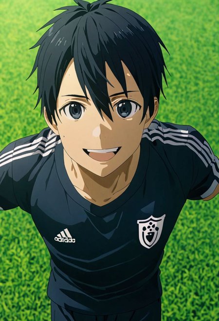 high resolution, professional photography, best quality, 1Boy, Kirigaya Kazuto, Black Hair, Black Eyes, overalldetail, Soccer Boy, soccer player, field, potrait, depth of field, happy, tired, celebration