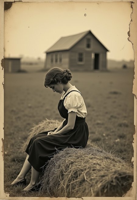 old timey 1920s photograph of a young woman sitting on a bale of hay with her head down looking depressed, old timey Kansas farm in the background, photograph is faded and torn on the edges