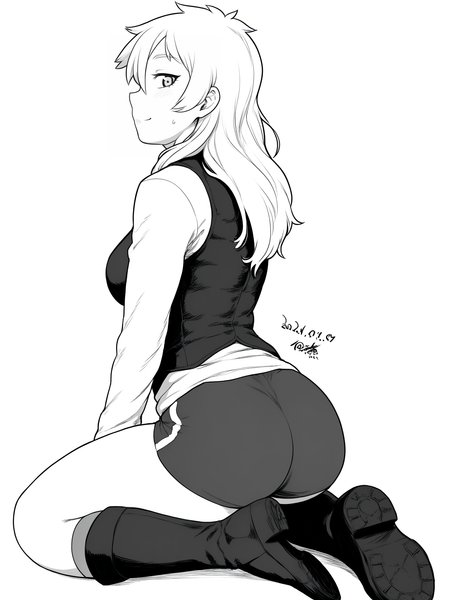 uncensored, score 9 up, score 8 up,
 <lora:Tsukudani_Artist_Style_Version_2_PonyXL:1>,1girl, monochrome, greyscale, ass, genderswap (mtf), long hair, dated, knee boots, simple background, looking at viewer, white background, kneeling, looking back, smile, long sleeves, thighs, signature, from behind, buruma, vest, short shorts, full body, sitting, profile, hatching (texture), breasts, sweatdrop