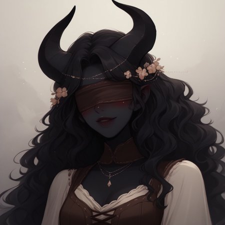 Score_9, Score_8_up, Score_7_up, (masterpiece), best quality, blindfolded, perfect face, perfect anatomy, Tiefling, pointed ears, horns, colored sclera, tail, black skin, anime girl, slim, black hair, wavy hair, median hair length, white flowy dress, brown corset that highlights her small waist, hippie aura, cleavage, romantic perspective, smiling, nervous, blushing, beautiful perspective.