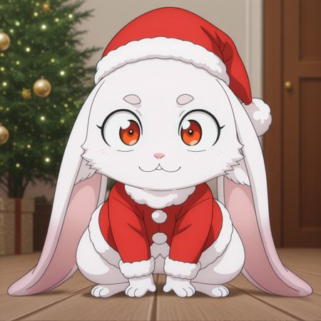 masterpiece, best quality, amazing quality, emulslfILv2, semi-anthro, female, rabbit, white fur, reddish orange eyes, santa outfit, red hat, solo