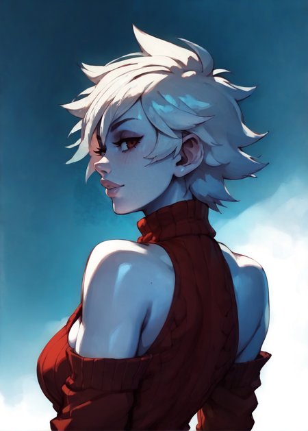 white skins, spiky red short tomboy hair, neutral expression, tight sweater, <lora:NAHIRI:1> nahiri, 1girl, solo, short hair, breasts, bare shoulders, white hair, colored skin, boob cutout, side boob,  <lora:RD-MAnon-XLV1.1:1>  female,, source_anime, score_9_up,  score_7_up, score_8_up