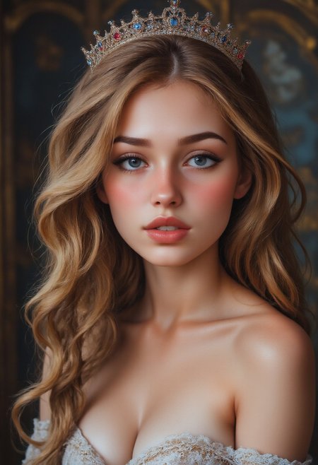 A regally youthful Teen queen, her presence exudes a captivating mix of innocence and power: golden curls cascading in delicate waves, soft peachy cheeks touched by a hint of blush, and piercing sapphire eyes that seem to hold a world of secrets. This stunning portrait, likely a painting, perfectly captures the ethereal beauty and inner strength of the young monarch. The level of detail is impeccable, with every brushstroke enhancing the intricate lace of her gown and the shimmering jewels adorning her crown. The overall composition is breathtaking, evoking a sense of majesty and grace that transcends mere teenage years.