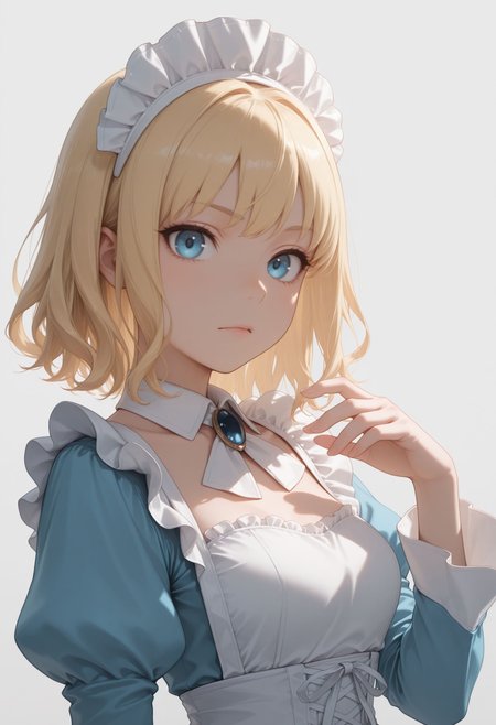 masterpiece,best quality,absurdres,highres,very aesthetic,high quality,detailed,insanely detailed,beautiful,perfect lighting, looking at viewer, 
<lora:Leivinia Birdway illu:1> 1girl, blonde hair, blue eyes, short hair,
1girl, , maid headdress, ,  looking at viewer, white background, long sleeves, puffy sleeves, , closed mouth, simple background, upper body,, blue dress, white apron, blonde hair, juliet sleeves, hand up, breasts, frills,