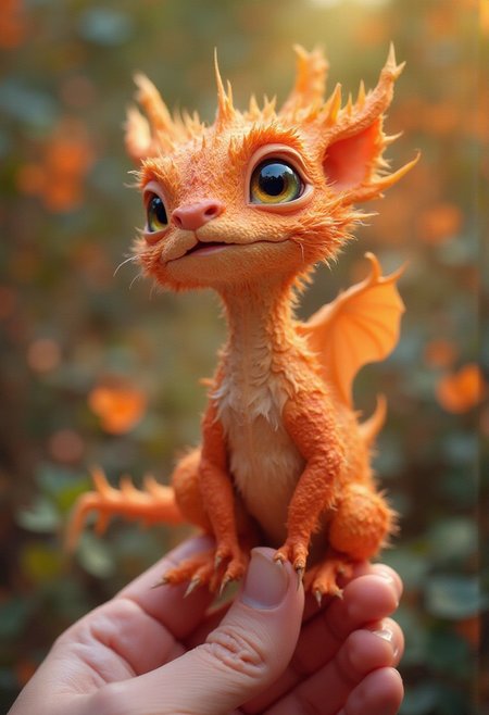 The tiniest and cutest fluffy dragon creature The dragon sits on the tip of a finger, huge eyes, cute baby dragon,  photorealism, beautiful, aesthetic, professional photo, realistic, high resolution, close-up, high detail