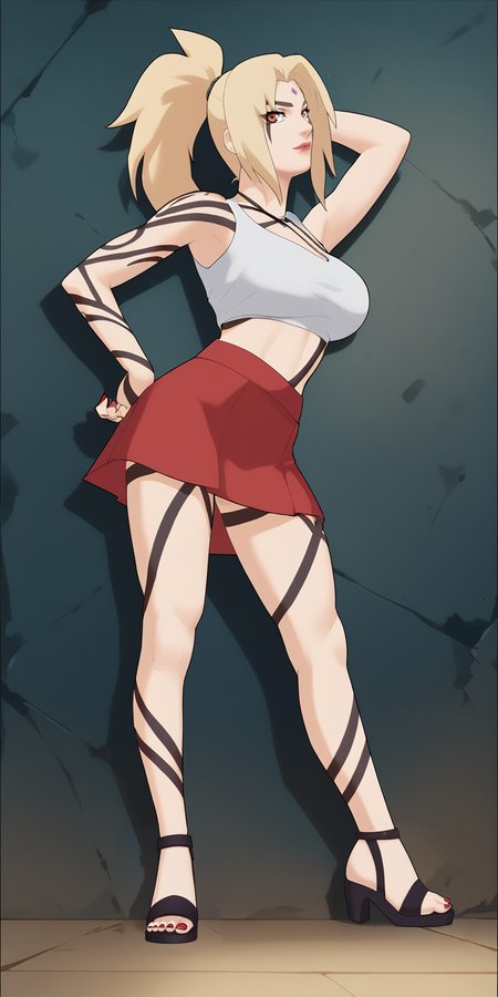 first-person perspective, Perfect Hands,Perfect feet, score_9, score_8_up, score_7_up, score_6_up,  score_anime,1girl,  blonde hair, tsunade (naruto),White crop top,red skirt, ponytail, solo, standing,,blone hair,black sandals,red nails,leg up,  spread legs,  <lora:tsunade_train_v5-000009:0.9>,  tsunade's sandals \(sandals\), forehead mark,(tattoos:0.4, one-line,Byakugou noJutsu),(srudio  background:1.2),<lora:Perfect Hands:0.8>  <lora:Smooth_Anime_2_Style_SDXL_LoRA_Pony_Diffusion_V6_XL:0.8> ï¼