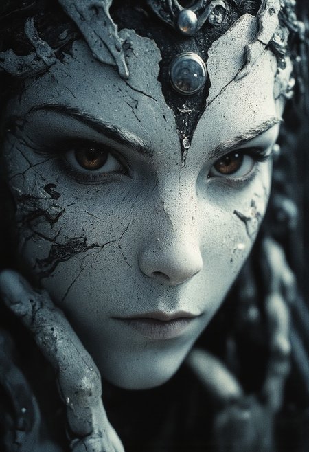The image is a highly detailed, CGI-rendered digital artwork capturing an extreme close-up of a mystical woman. She wears an enigmatic mask made of white plaster, distinguished by two large, round, black dots serving as eyes. The mask’s surface is intricately detailed with cracks and fissures, through which the exquisitely rendered features of her face are subtly revealed. Her expression, partially hidden yet powerfully evocative, hints at ancient secrets and deep emotion. Bathed in soft, ethereal light, the scene exudes a surreal quality that heightens its mystical allure. Gentle, diffused illumination caresses the delicate contours of the plaster mask and the intricate details of her skin, emphasizing the interplay of light and shadow. The ambient glow enhances the texture of the fractured plaster, casting soft highlights along the edges of the cracks, while deep, tender shadows add a sense of depth and intrigue to her partially unveiled visage.
The overall atmosphere is one of profound mystery and quiet intensity—a visual narrative where concealment and revelation intertwine. Rendered in ultra-realistic 8K quality, every nuance from the mask’s subtle imperfections to the soulful glimpse of the woman beneath is brought to life, creating an artwork that is both hauntingly beautiful and enigmatically inviting.