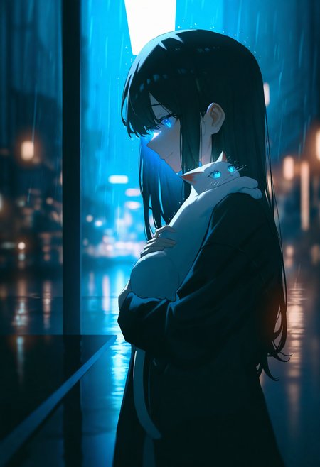 masterpiece,best quality,<lora:add-detail-xl:0.5>,<lora:ponyv6_noobV1_2_adamW:0.7>,absurdres,ultra detailed,highres,newest,cinematic shot,konya karasue,
1girl,long hair,glowing eyes,blue eyes,side view,
holding cat in arms,gently lifting cat,cat looking at her,soft smile,warm expression,caring gaze,
light rain,soft raindrops,wet streets,gentle glow,neon reflections,warm ambient lighting,
soft city lights in the distance,cozy atmosphere,warm glow from nearby cafe,
reflections in puddles,rain droplets catching light,dynamic lighting.,