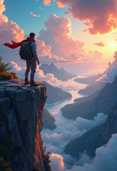 Award winning photography of an explorer at the edge of a rocky precipice, taking in the stunning vista of a vibrant, expansive world below. The sky is a masterpiece of colorful, fluffy clouds and shimmering light. The landscape is dotted with rivers, forests, and distant peaks, creating a sense of endless adventure. The explorer's scarf flutters in the breeze, adding to the scene's dynamic feel. High detail and complexity, bright colors, dynamic lighting, extremely exaggerated and fantastical background, epic and uplifting atmosphere

Extremely photorealistic detail, cinematic lighting, cinematic scene, lens flare, rainbow lens flare, strong wind blowing, 