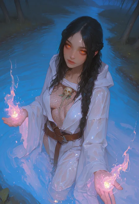(masterpiece), (best quality), (8k),
1girl, beautiful, breasts, powerful mage, magic robes, ripped robes, fishnets under robes, braided hair, black hair,  magic spells, magic spells in hands, battle stance, dynamic angle, ancient fantasy, in nature, tranquil pond, shallow water, forest, battle-ready stance, dynamic pose, at night, moonlight, moonlight reflecting off the wet ground, directional lighting, closeup, from above, 
beautiful eyes, skull hanging off of belt, detailed eyes, perfect eyes, orange eyes, beautiful eyes, looking at viewer, 
extreme foreshortening,
<lora:ppw_v7_animv4_1_r2:0.6> <lora:748cm_illu:0.6> 7481llu <lora:69yottea_illu_v2:0.4> <lora:illustrious_all_rated_v1:0.6> masterpiece, best quality, very aesthetic, absurdres