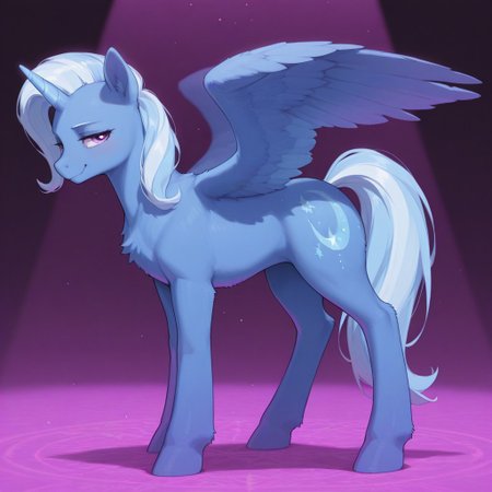 (masterpiece, best quality, very aesthetic, absurdres, vibrant saturated colors, volumetric lighting), BREAK,
background, ponyville, BREAK
Side view, Solo, standing, female, trixie-lulamoon, pony, alicorn, horn, feathered wings, blue fur, (feral, quadruped:1.3), tail, fit body, big butt, big thighs, detailed body fur, detailed fur, seductive look, smug smile, looking at viewer