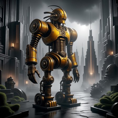 giant bipedal robot dirty yellow and dark amber, bronze paisley robot. lacy robot UFO head. outside of a steampunk keep. large detailed torso. dark image. one forty foot tall ancient robot with great arms and two heavy spring legs. dark foggy night background. $dark foggy night image only. dark photo realistic image. steampunk details. cogs, chains and pipes incorporated in the fantasy buildings. magic wizards tower in background. Dark swamp, moss, castle ruins, wizards tower. stormy dark night.  Lightning sky