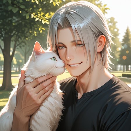 masterpiece, best quality, amazing quality, absurdres, newest, detailed background, definition so sharp, Ultra-HD, 8K cinematic, very awa, impressionate, amazing quality, highres, 
solo, male focus, manly, 
yashiroisana, 1boy, short hair, parted bangs, shiro_pretime, shiro_grey hair, shiro_grey eyes, smiling, interacting with pet, white cat, playful gesture, calm, park, sunny day, soft bokeh, aesthetic, friendly, joyful, energetic