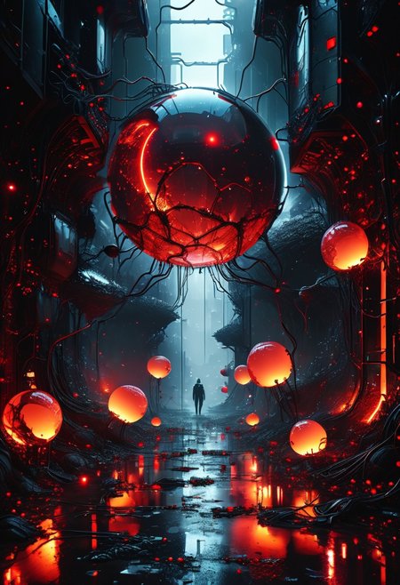 digital, masterpiece, EdobHorrorLandscape, brutalism, 8k wallpaper. crystal clear, perfect details, (detailed art), absurdres,
surface of alien planet, earie, dark, ground covered in wires, covered in wires, huge alien sphere, (portal), in the middle, (huge hand reaching out), horror, red glow, (red beam).
moody lights, atmospheric, zoom in,