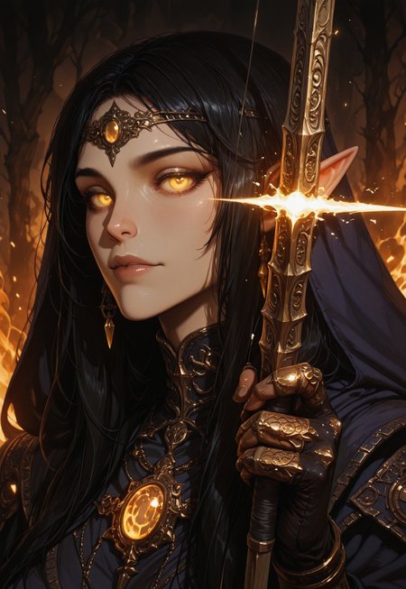 Unfazedfantasii
A mystical woman with a serene expression,
epic fantasy movie still, closeup portrait, photograph, archery, a beautiful elf woman aiming a bow and arrow, the bow weapon is glowing with gold magic and glowing runes, dark cave background, cinematic realism, high action pose, perfect pupils, insanely detailed faces, correct digits, realistic skin, intricately detailed, dimly lit,  perfect eyes, perfect pupils, expressive eyes, texture, 
There are floating golden embers and fire sparks adding to the magical atmosphere. The art style is highly detailed, cinematic, and fantasy-inspired, with a focus on dramatic lighting, soft glows, and a slightly dark, mystical mood.
