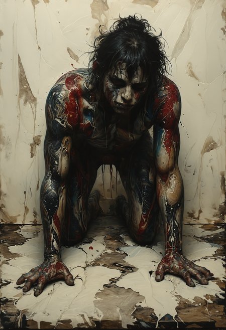 Contorted body crawling on all fours, Back lighting, <lora:Melting_world:0.8>, <lora:Colorful_Marbled_Paper_SDXL:0.8> mad-marbled-paper