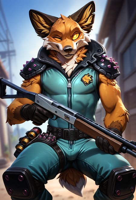 photorealism, photorealistic, chromatic aberration, depth of field, blurry background, detailed fur,   looking at viewer, dutch angle, close up,  (fennix:1.2), fortnite, male focus, solo, 1boy, holding weapon, holding shotgun, furry, anthro, clothes, colored sclera, shoulder armor, glowing eyes,   (syuro:0.8), (nomax:0.5), (honovy:0.6), (kenket:0.6), (taran fiddler:0.6), masterpiece, best quality, amazing quality, very aesthetic, absurdres, newest,   <lora:Fennix_Fortnite_Illustrious:1.0:1.0>,  three-quarter portrait, low-angle view, looking down at partner, bent legs, one eye closed (winking)