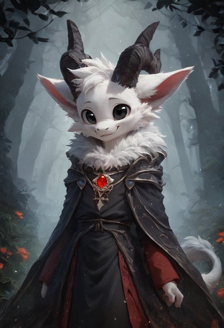 (male solo), (fine face, highly detailed face), Detailed Eyes, prick ears, 1boy, solo, young, cute, furred dragon boy, furry, black eyes, white body, detailed eyes, mage clothing, slim body, smile, huge red amulet necklaces, Black long Robe, black tunic, mage outfit, 2 black horns, forest background,
4k, 8k, hd, standing,
(depth of field, bokeh: 0.8),  
dark hour, blue countershading, score_9, score_8_up, score_7_up, score_6_up, score_5_up, score_4_up, ponypositive,