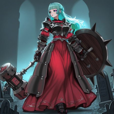 source_vanillaware,

1girl, solo,

AlcinaIL, Alcina Unicorn Overlord, milf,

cyan eyes, aqua hair, long hair, chopped bangs, purple eyeshadow, detailed lips, glossy lips 

dark armor, armored dress, spiky armor, large breasts, wide hips,

black pauldrons, black breastplate, black gauntlets, red dress, black heels,

steel hammer, holding weapon,

sexy, looking away,

spiked shield, shield on arm,

graveyard background,