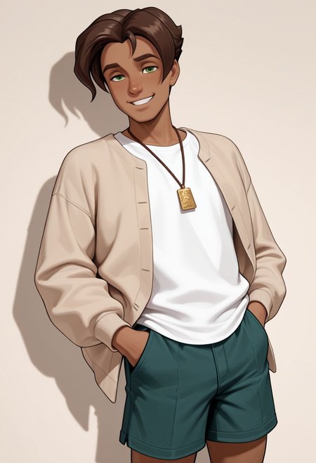 masterpiece, absurdres, high quality, perfect anatomy, 1boy, solo, cute boy, male focus, Presley, Dark Skin, Brown Hair, Green Eyes, Necklace, White Shirt, Tan Jacket, Green Shorts, smug smile, cinematic, intricately detailed illustration, depth of field, masterpiece, best quality, amazing quality, very aesthetic, absurdres, newest, very awa,  shadow, dynamic angle, casual cosplay, dynamic pose, simple background,