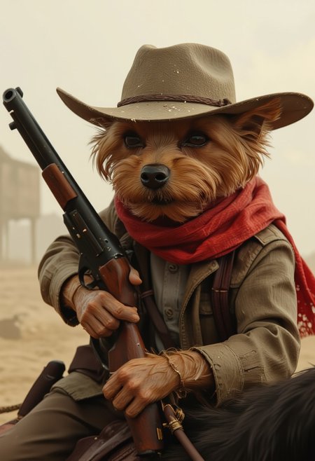 This is a digital artwork in the style of ckgr Anthropomorphic yorkshire terrier allab in a high-speed horse chase, wearing a red scarf, a dust-covered cowboy hat, and gripping a shotgun. Dust kicks up behind it. Highly detailed, realistic textures, western theme, cowboy, gunslinger, action shot.
 <lora:ral-anthropomorphic-flux:1>