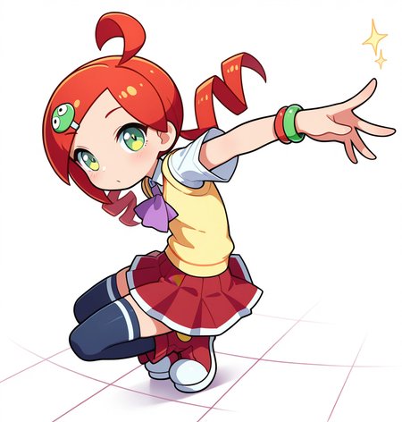 <lora:PAndouRingo_SDXL_Illustrious01_fp16_ver01:1>,PAndouRingo, 1girl,solo,red hair,green eyes,twin drills,character hair ornament,school uniform,ascot,sweater vest,bracelet,red skirt, thighhighs,shoes,tile floor,, masterpiece, best quality, very aesthetic, absurdres,<lora:detailed_hands:1>,hand