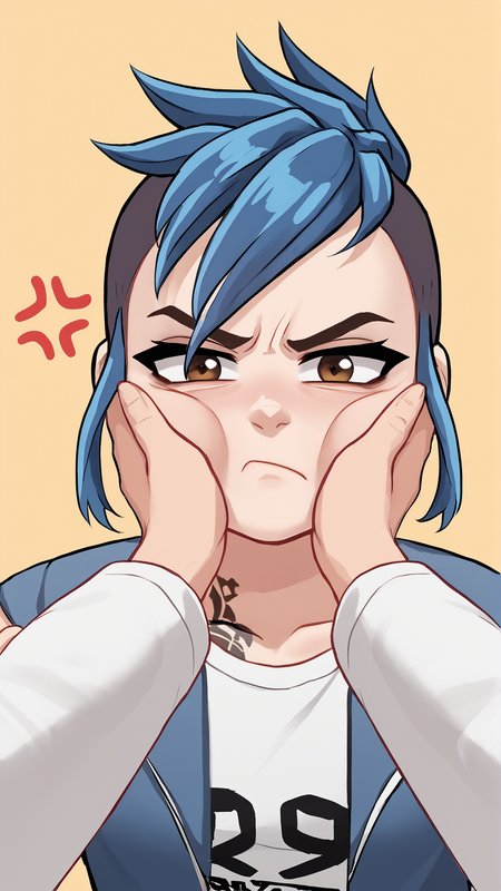 <lora:Sydney:0.8>, tomboy, Sydney, Payday 2, 1girl, blue hair, mohawk, long side burns, tattoo, <lora:POVCheekSquash_XLPD:0.8> cheek squash, hands on another's face, hands on another's cheeks, solo focus, pov hands, annoyed, anger vein, v-shaped eyebrows,, score 9, score 8 up, score 7 up, score 6 up, score 5 up, score 4 up,