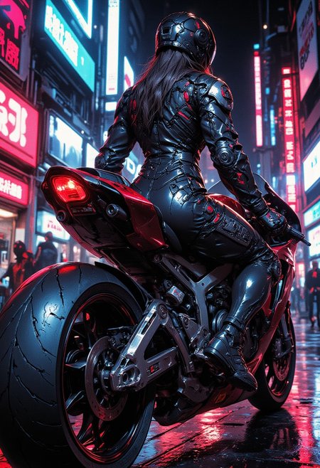 (back viev)Futuristic girl racer in cyberpunk costume sitting on a high-tech sportsbike. Detailed mecha design with metallic elements, aggressive lines of the motorcycle. Anime realism, complex lighting with metallic highlights. Cyberpunk atmosphere with dynamic perspective