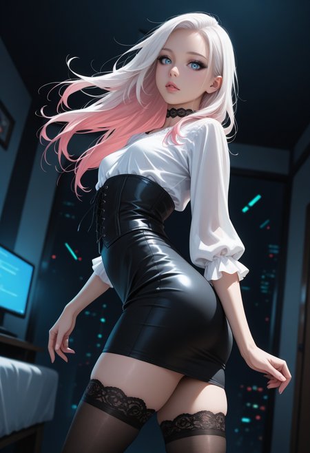 depth of field, focused subject, dynamic angle, dynamic pose, best quality, detailed eyes, perfect eyes, realistic eyes, white hair, long hair, pink highlights, blue eyes, ((full lips)), (black eyeliner), (mascara), makeup, slim body, slim legs, (black lace corset), thigh-high stockings, choker, small ass, small breast, realistic breast, (white blouse), slightly visible breast, braless, (black high-waisted pencil skirt), BREAK, standing, hips slightly turned, side view, looking at viewer, movie perspective, dark background, abstract background, (neon lines), ((dark room)), bedroom, night,