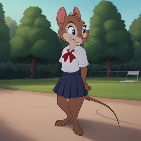 score_9, score_8_up, score_7_up, score_6_up, score_5_up, score_4_up, source_furry, brisbytson, semi-anthro, female, mouse, brown fur, blue eyes, whiskers, park, barefoot,  solo, 1girl, school uniform, smile, standing,