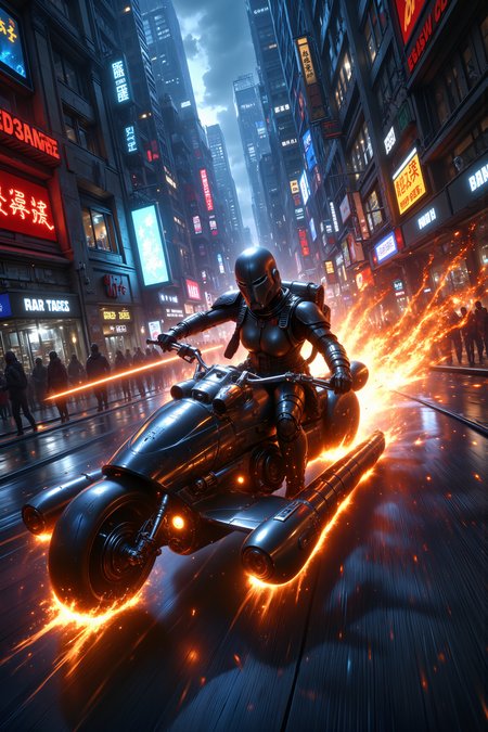 In a towering, neon-lit city, a rogue starfighter pilot races through the narrow, bustling streets on a sleek hover bike, pursued by Imperial droids. The rain slicks the streets beneath her, reflecting the vivid colors of the towering advertisements overhead. She swerves through crowded markets and under low-hanging bridges, her heart pounding as the droids close in, their red targeting lasers sweeping across the buildings. She pulls out her blaster, firing at a control panel as she speeds past, causing a massive explosion that sends sparks flying into the air, temporarily blinding her pursuers. The scene captures the high-octane excitement of a sci-fi chase, blending the fast-paced action of Star Wars with the urban chaos of The Fifth Element.<lora:DnDDarkestFantasy:0.5><lora:FluxMythP0rtr4itStyle:0.75><lora:Dever_Flux_Enhancer:0.5><lora:Aura_Flux-000010:0.6>