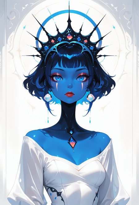 masterpiece, best quality, good quality, very awa, newest, highres, absurdres, no lineart, no outline, 1girl, solo, looking at viewer, short hair, blue eyes, black hair, dress, closed mouth, medium breasts, blue hair, upper body, small breasts, eyelashes, see-through, lips, makeup, colored skin, expressionless, facial mark, crown, gem, lipstick, eyeshadow, blue skin, red lips, mascara, (monochrome, negative space), white background, white theme, painterly, fine art, hiz_ai, in the style of cknc, wat,