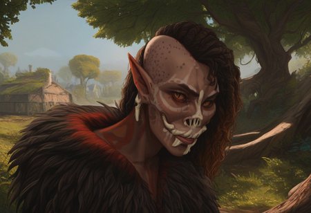 feminine, bosmer woman, fit body, bone masks, carved masks, painted masks, random face, colorful skin, pale tan skin, strong jawline, angular facial features, asymmetrical features, wide nose, fur mantle, rough leather clothes, female, archer's physique, joking demeanor, slightly pointed ears, pinned back ears, long face, very short ears, curved ears, scalloped ears, short ears, firbolg nose, uncanny features, snake nose, reptilian nose, realistic, long face, bosmer, alien, elongated head, flat nasal ridge, elongated skull, bony nose, slit nostrils, aquiline features, medium body hair, dunmer, creature, bony dermal ridges, rough complexion, body tattoos, native american tattoos, medium breasts, natural breasts, shapely figure, chiseled features, athletic build, weathered skin, large nose, animated realism, zoomed out, Inuit features, sage colored skin, pale skin, copper and jade clothes, dark orange sclera, saurian pupils, horizontal pupils, cuttlefish eyes, narrow eyes, dark red pupils, very slanted eyes, squinted eyes, double lidded eyes, eye membrane, slanted brows, bony brows, highly detailed, defined features, looking at viewer, from side, full body, zoomed out, dynamic lighting, 29 years old, light and shadows, jovial expression, expressive eyes, smiling, laughing, Native American pattern leather clothes, medium hair, elegant hairstyle, tribal hair, wavy hair, thick hair, braided hair, wild cut hair, semirealistic, alien elf, mongolian features, slavic features, aztec features, vibrant hair, colorful hair, sharp features, high detail, absurdres, intense eyes, detailed eyes, dark orange eyes, paleolithic clothes, Crowded village, dense redwood forest, intricate fur tents, bone furniture, masterpiece, Vilontrebramb, tree, outdoors, scenery, tree houses, elegant architecture