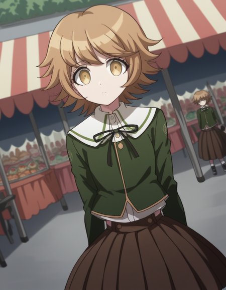 score_9, score_8_up, score_7_up, source_anime, <lora:chihiro-fujisaki-s1-ponyxl-lora-nochekaiser:1>, chihiro fujisaki, short hair, bangs, brown hair, brown eyes, male focus, otoko no ko,, skirt, shirt, long sleeves, ribbon, school uniform, jacket, pleated skirt, black ribbon, neck ribbon, brown skirt, green jacket,, street market, vendor, street food, bustling crowd, local flavor, vibrant, , looking at viewer, arm straight out in front, solo,, cowboy shot, dutch angle